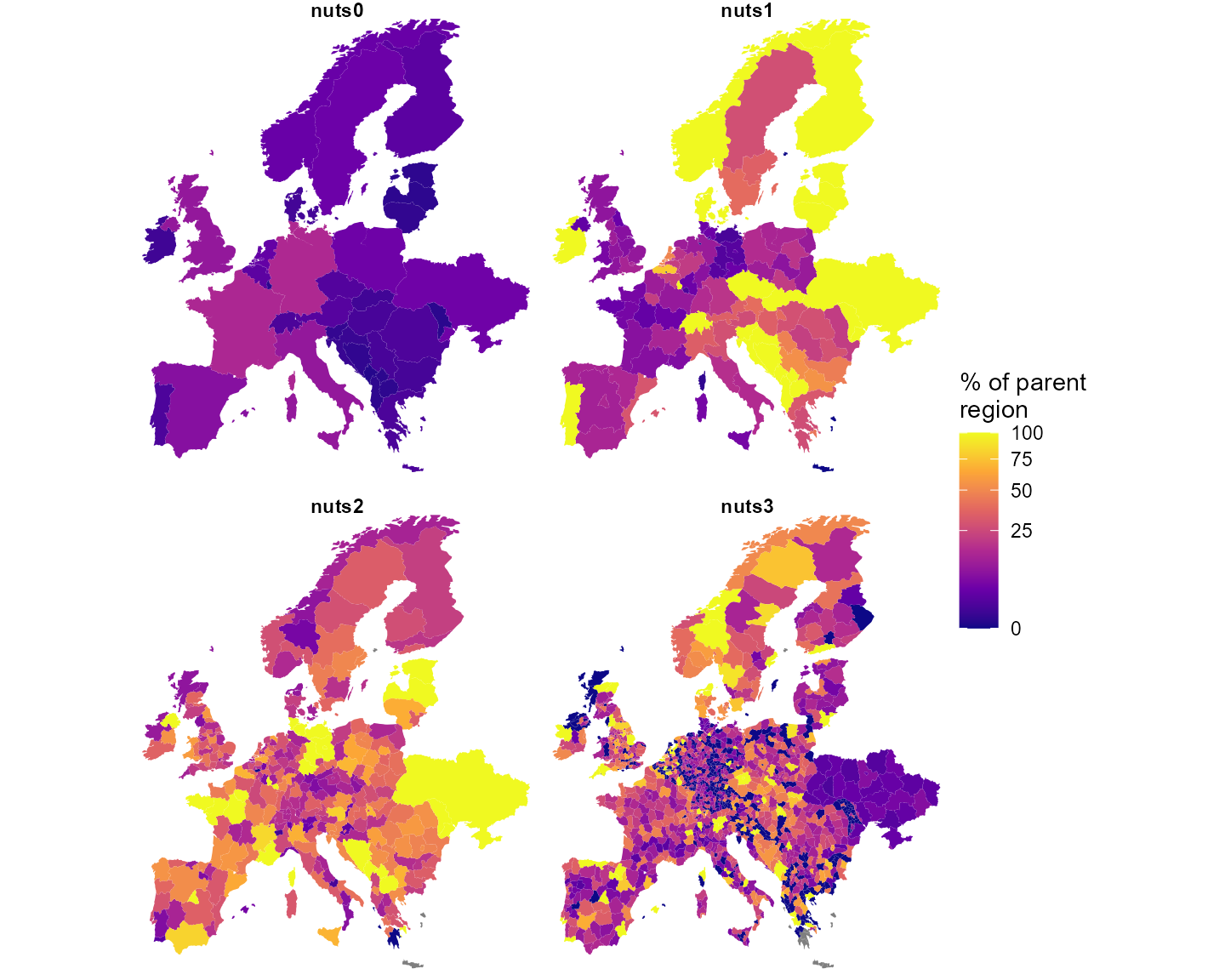 Each region's share of its parent's demand, per level. Dark = little of the parent's demand (including the 442 substation-less regions); grey = the parent itself carries no demand.