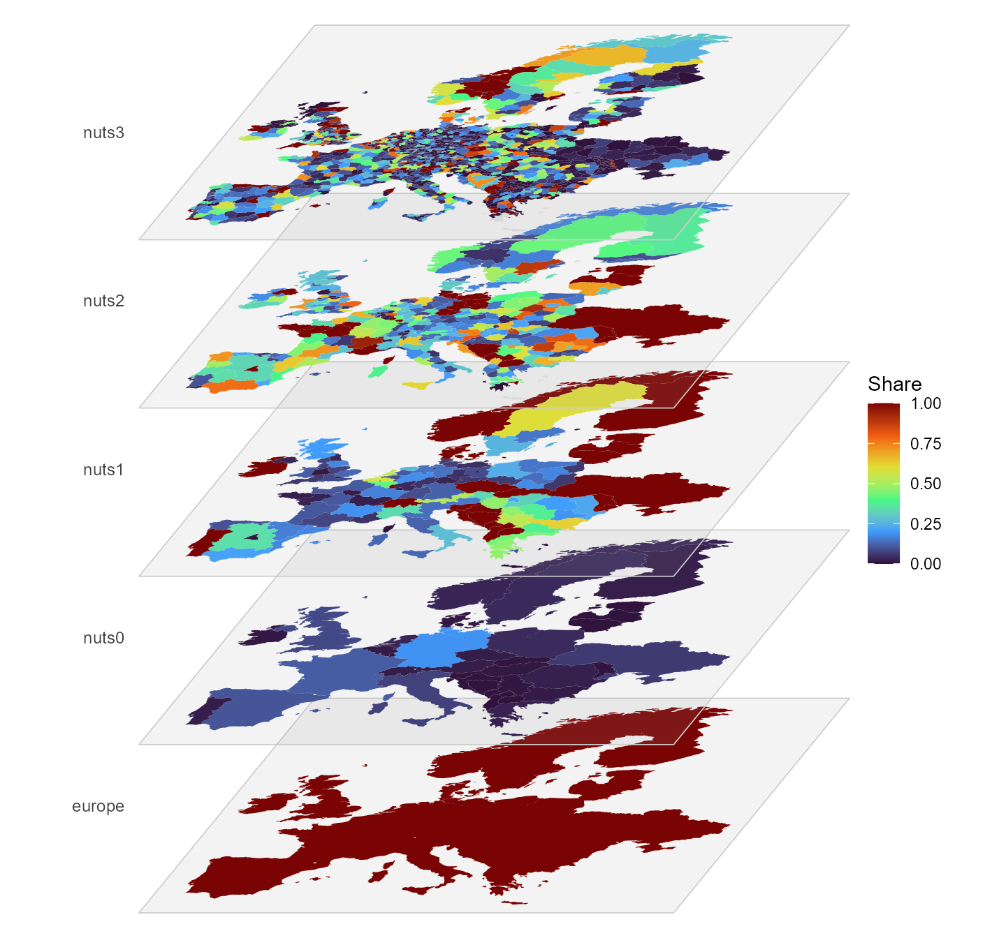 The region hierarchy as a multilayer stack, each plane one level, coloured by each region's share of its parent's existing generation capacity (`cap_mw`).