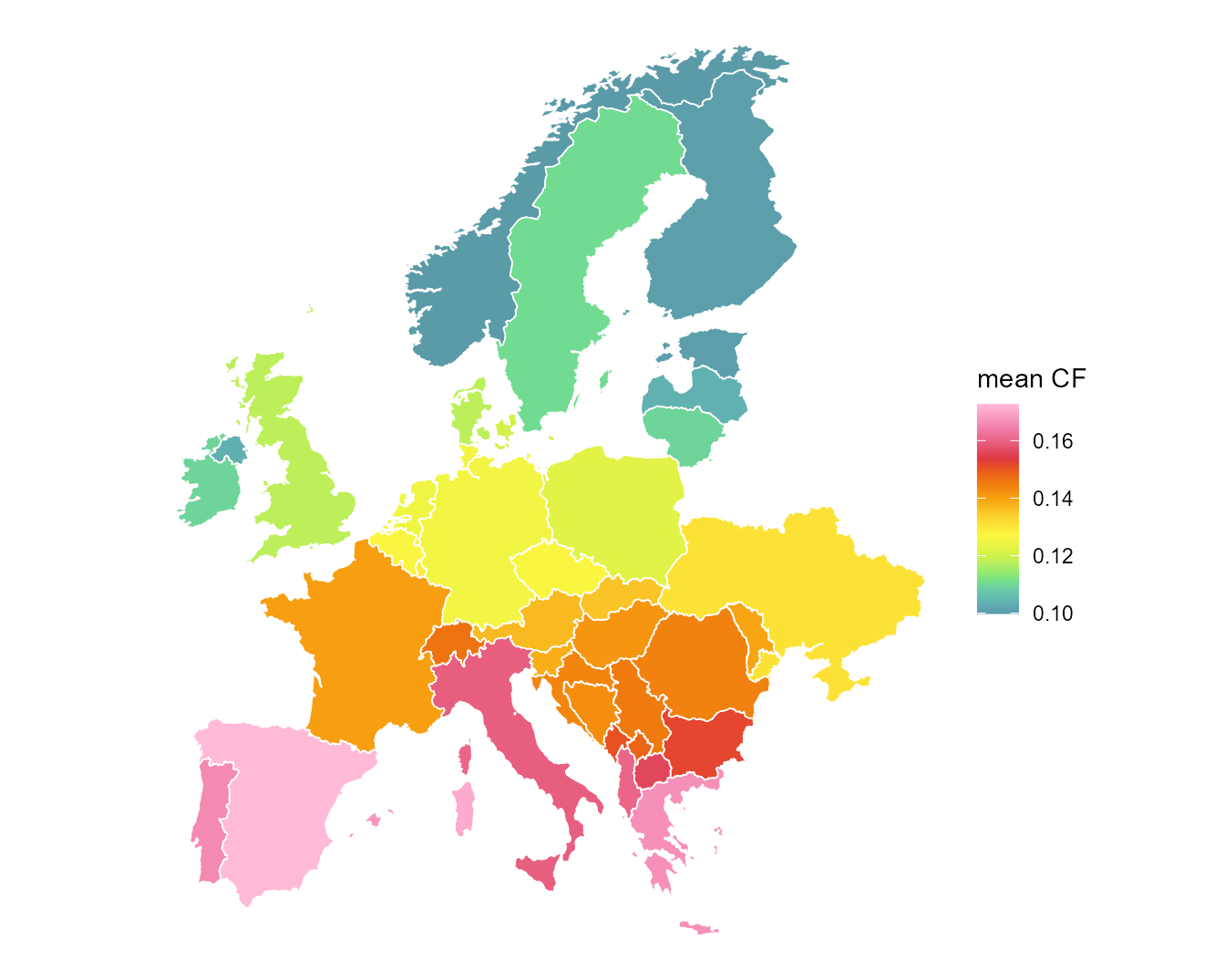 Mean solar capacity factor of the blended regional profile (`W_SOLAR`), 2025.
