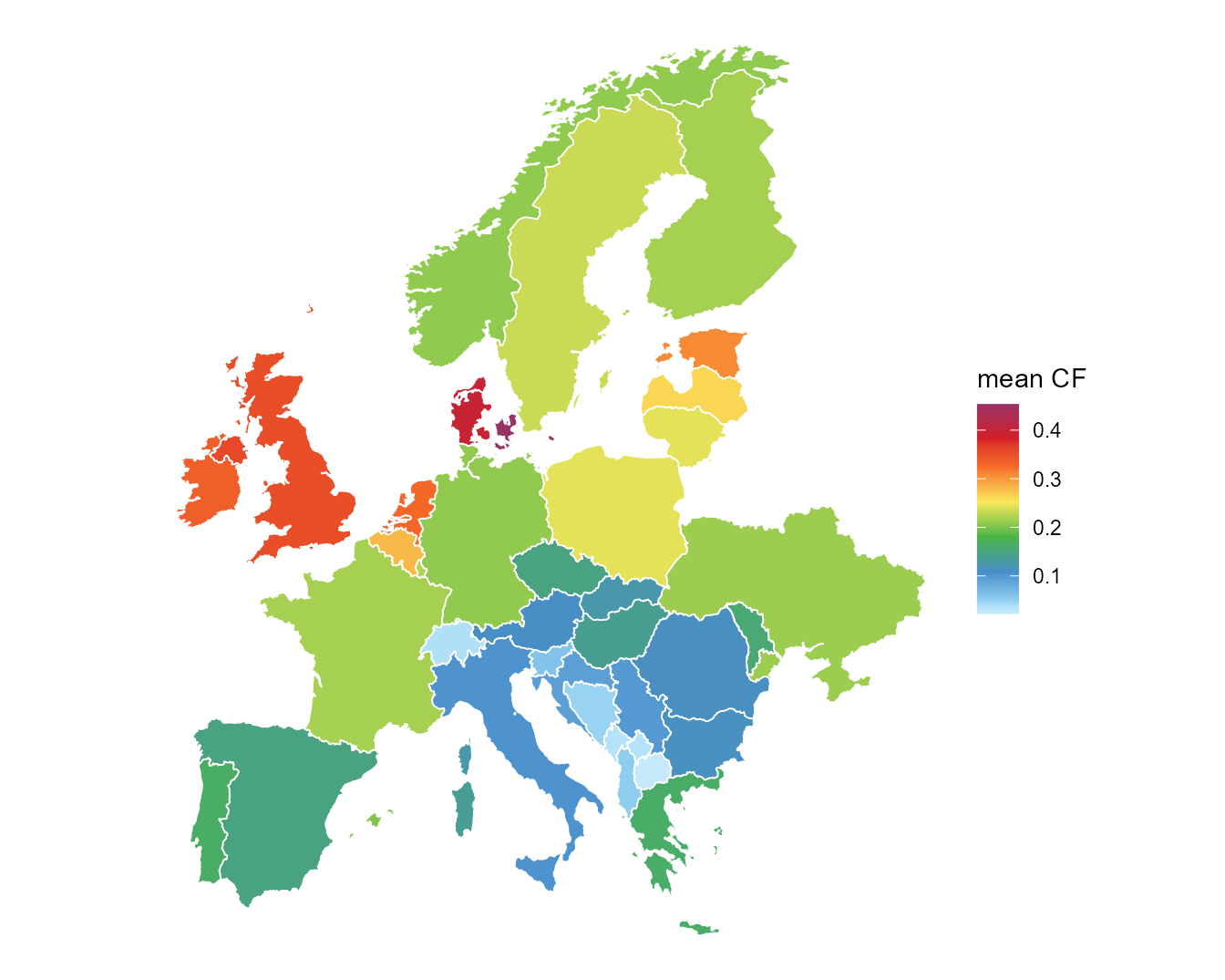 Mean onshore-wind capacity factor of the blended regional profile (`W_ONWIND`), 2025.