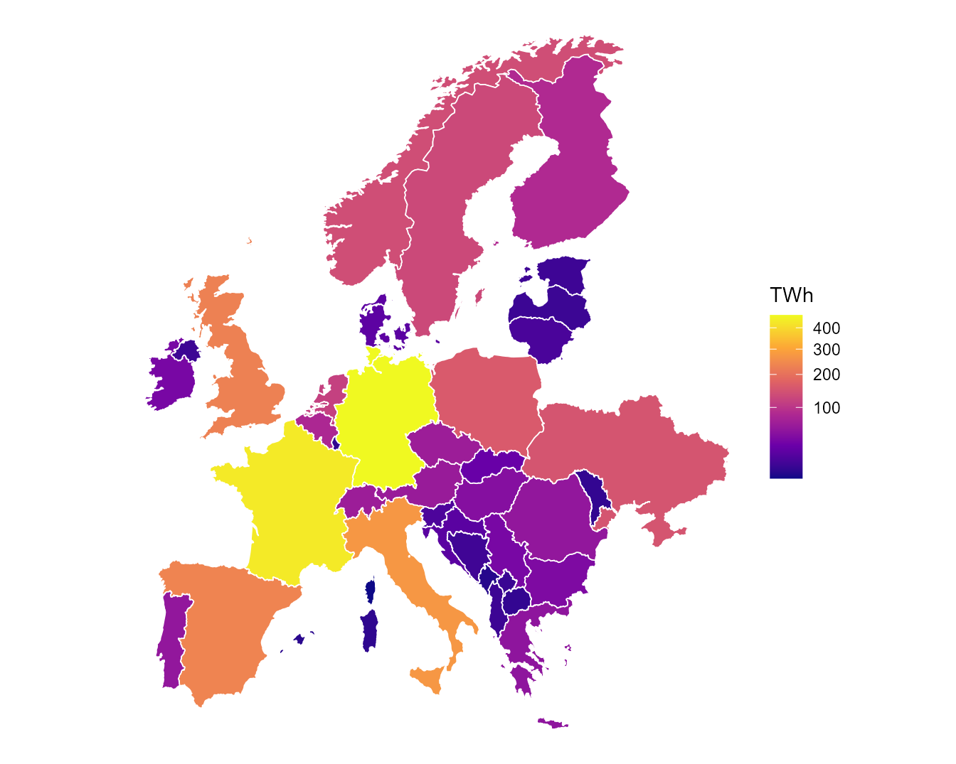 Annual demand per region, TWh (measured ENTSO-E 2025, distributed below country level by proxy).