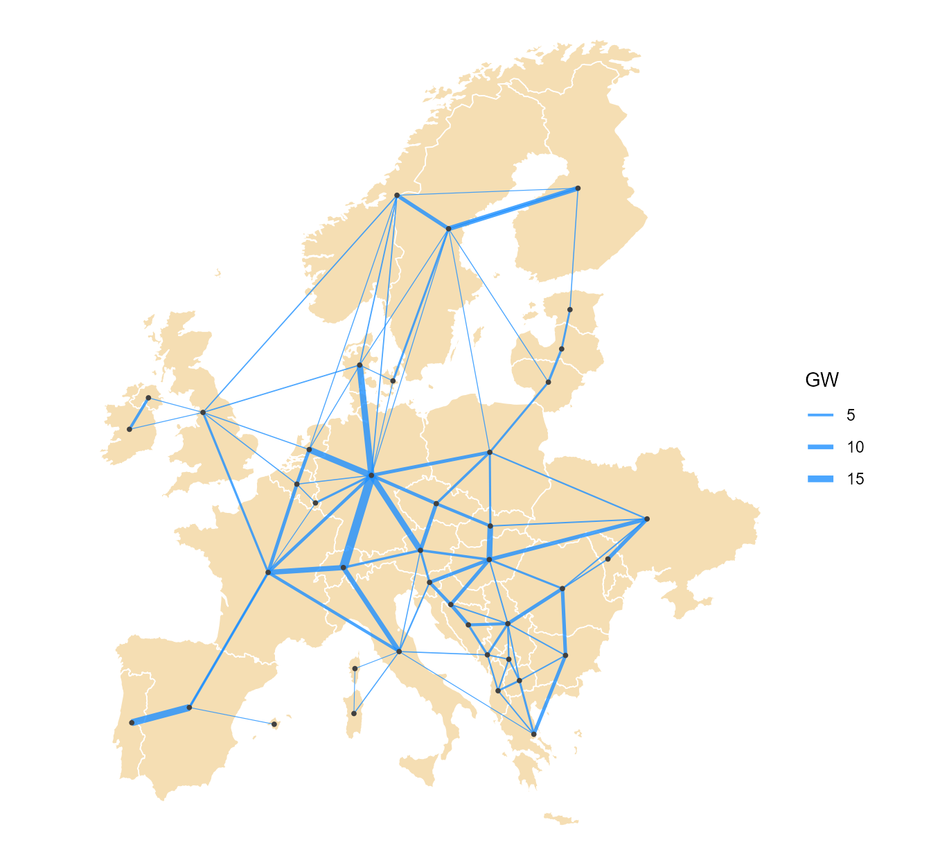 The 41-node network: buses and trade corridors, line width by rated capacity.