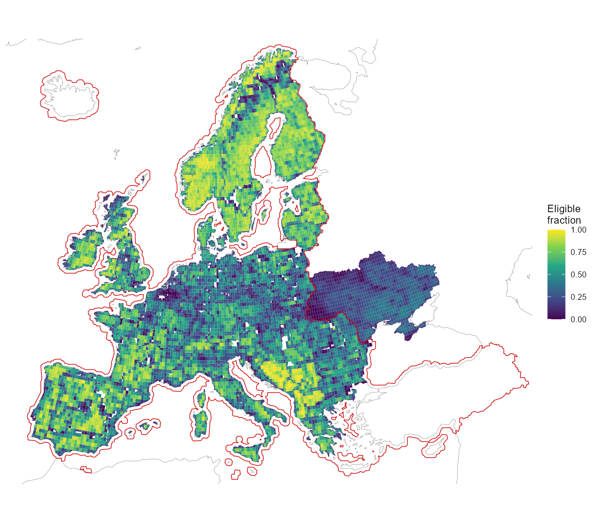 Available land for onshore wind: eligible share of each region-clipped cell after the land-use exclusions. The solid red line traces the CORINE raster coverage; outside it the shown fraction carries the flat 0.5 derate.