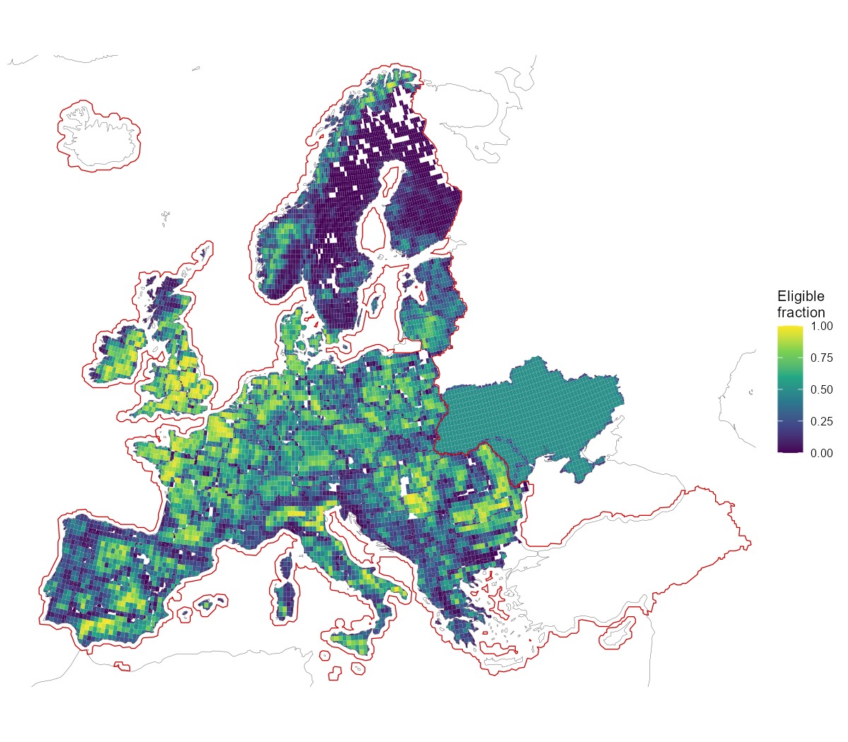 Available land for solar: eligible share of each region-clipped cell after the land-use exclusions, with the 0.5 coverage derate applied outside the solid red CORINE coverage line.