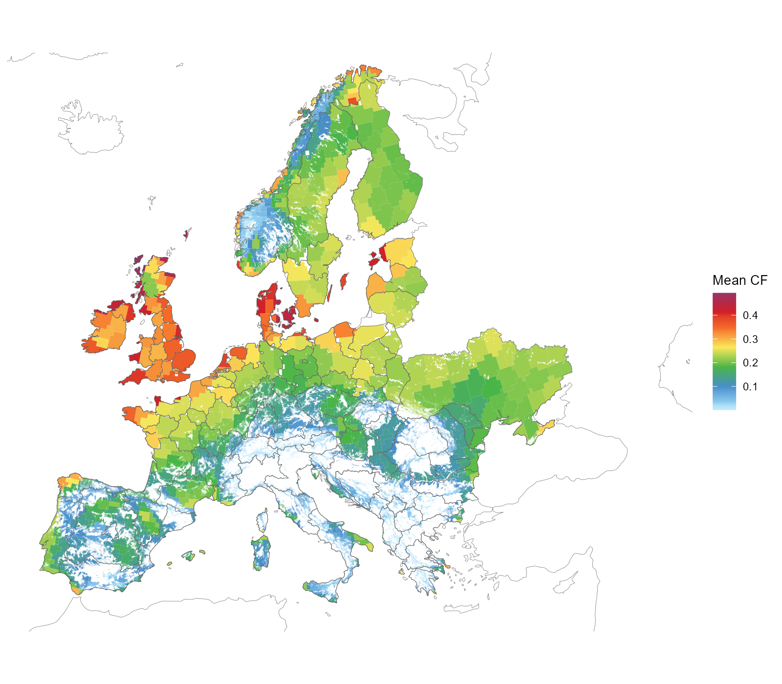 Onshore wind clusters on the installable area — cell × NUTS1 region × GWA ≥ 0.20 band — coloured by each cluster's MW-weighted mean capacity factor.