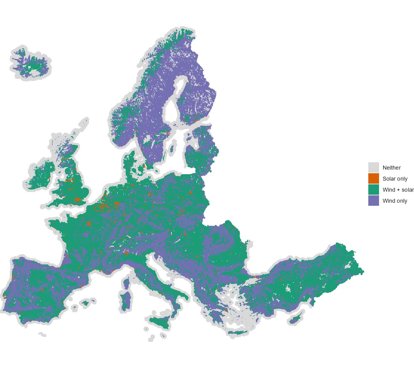 Land admitted by the PyPSA-Eur CORINE grid-code coding, per carrier. Inclusion only — Natura 2000, urban buffers and the other excluders apply on top.