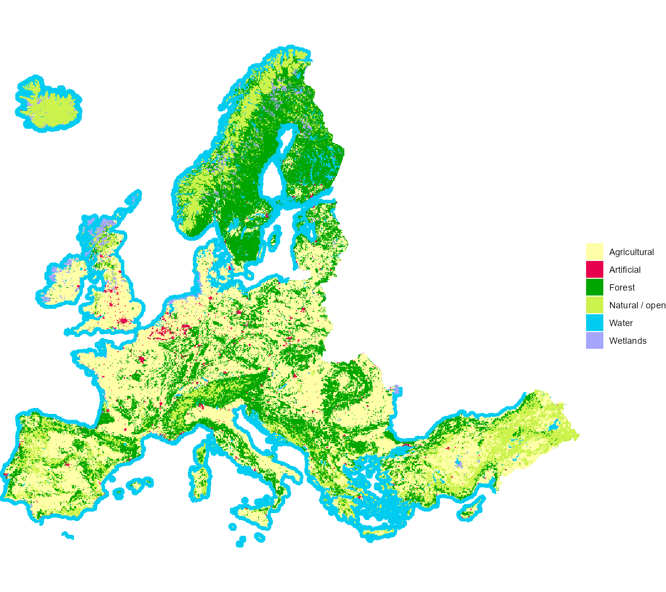 CORINE land cover at CLC level 1 (~5 km modal aggregate of the 250 m raster).