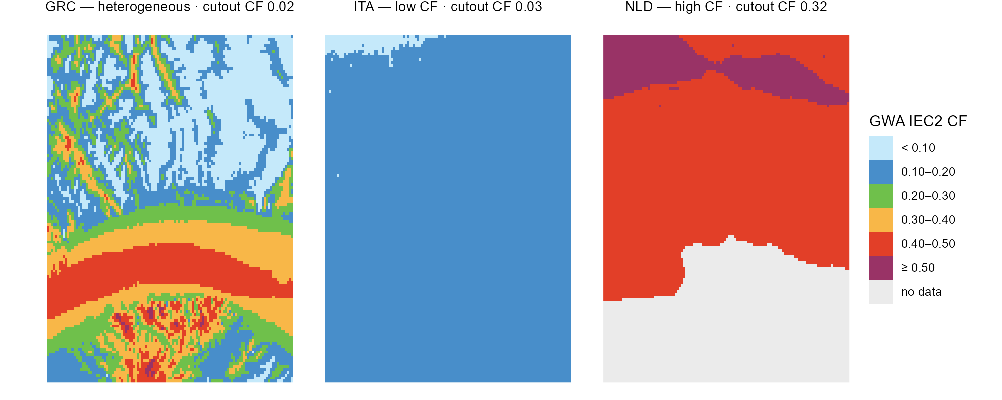 Three weather cells at the atlas's 250 m in the six tier-aligned classes (grey = no data, e.g. water); each strip names the cell's whole-cell cutout CF — one low-CF cell, one high-CF cell, one heterogeneous.