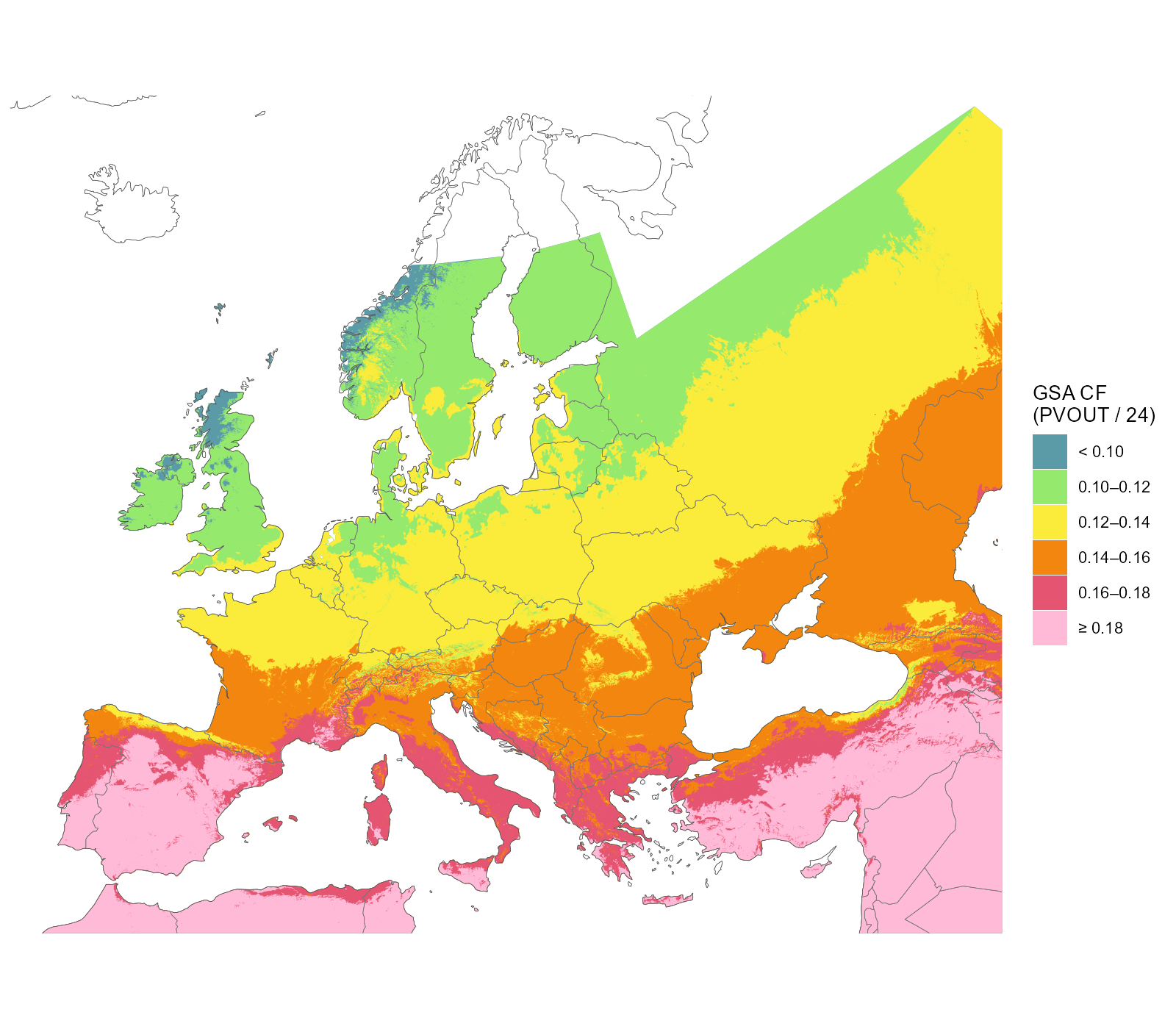 The same atlas carved into the six quality classes at ~1 km — all available atlas data in the map window, beyond the model domain (Turkey, the African rim, the eastern neighbours), with country outlines for orientation. The gradient is mostly latitude, but real sub-country structure survives: Alpine and coastal pockets, the Scottish Highlands below 0.10, Iberia above 0.18. Blank land carries no atlas data: north of 65°N, and Iceland, which the Solargis model does not cover. These classes are the levels the supply curve is built on.