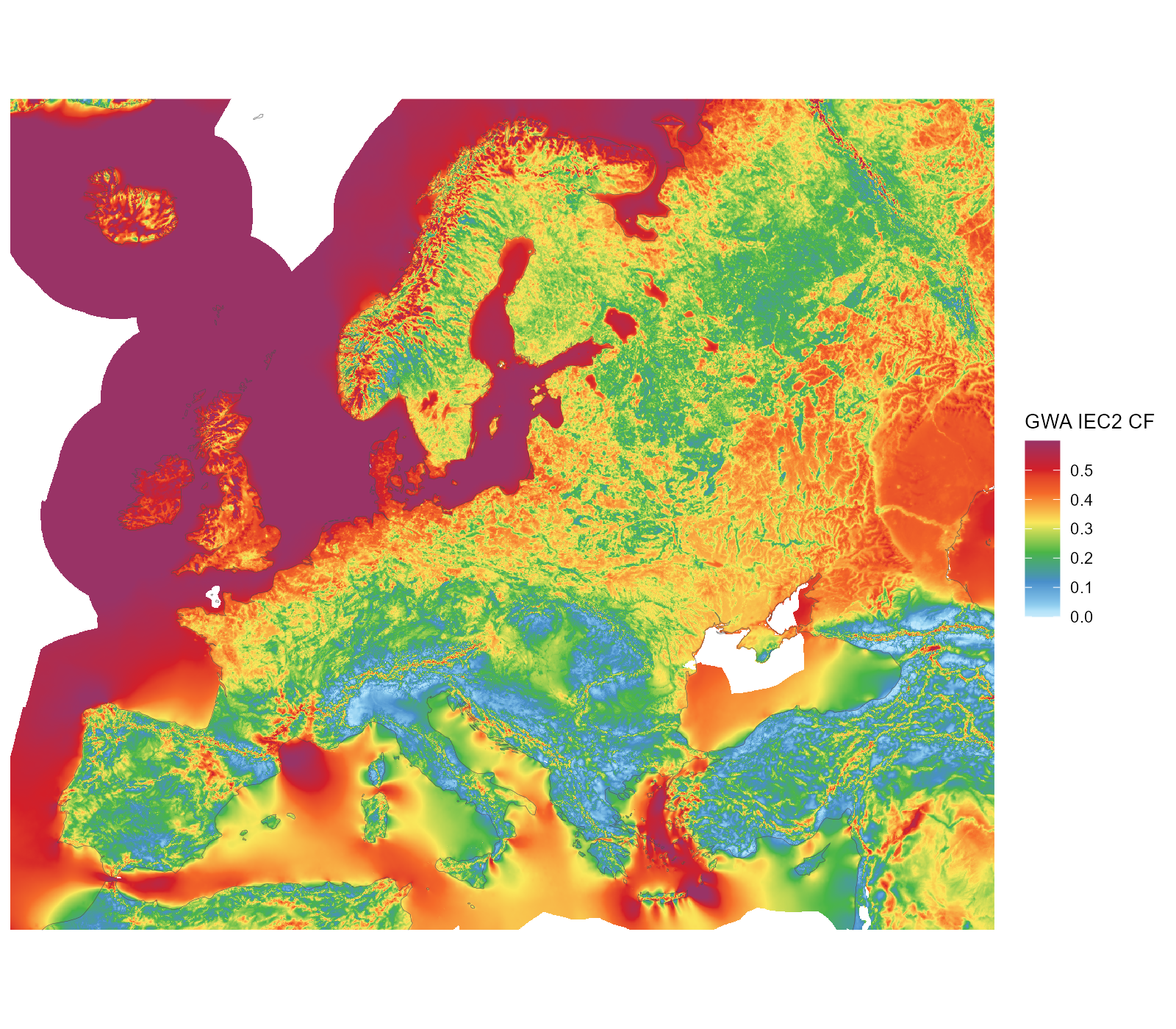 The original Global Wind Atlas IEC2 capacity factor (250 m raster, shown at ~2 km), unclustered — all downloaded atlas coverage in the map window. Land and sea; the land-eligibility screen applies downstream.