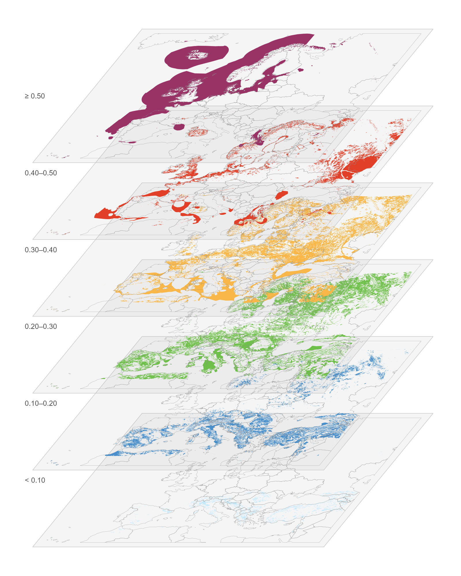 The quality classes as a multilayer stack: every exclusive class on its own level (the top level alone is open-ended), lowest at the bottom, country contours for orientation, same colours as the flat categorical map.
