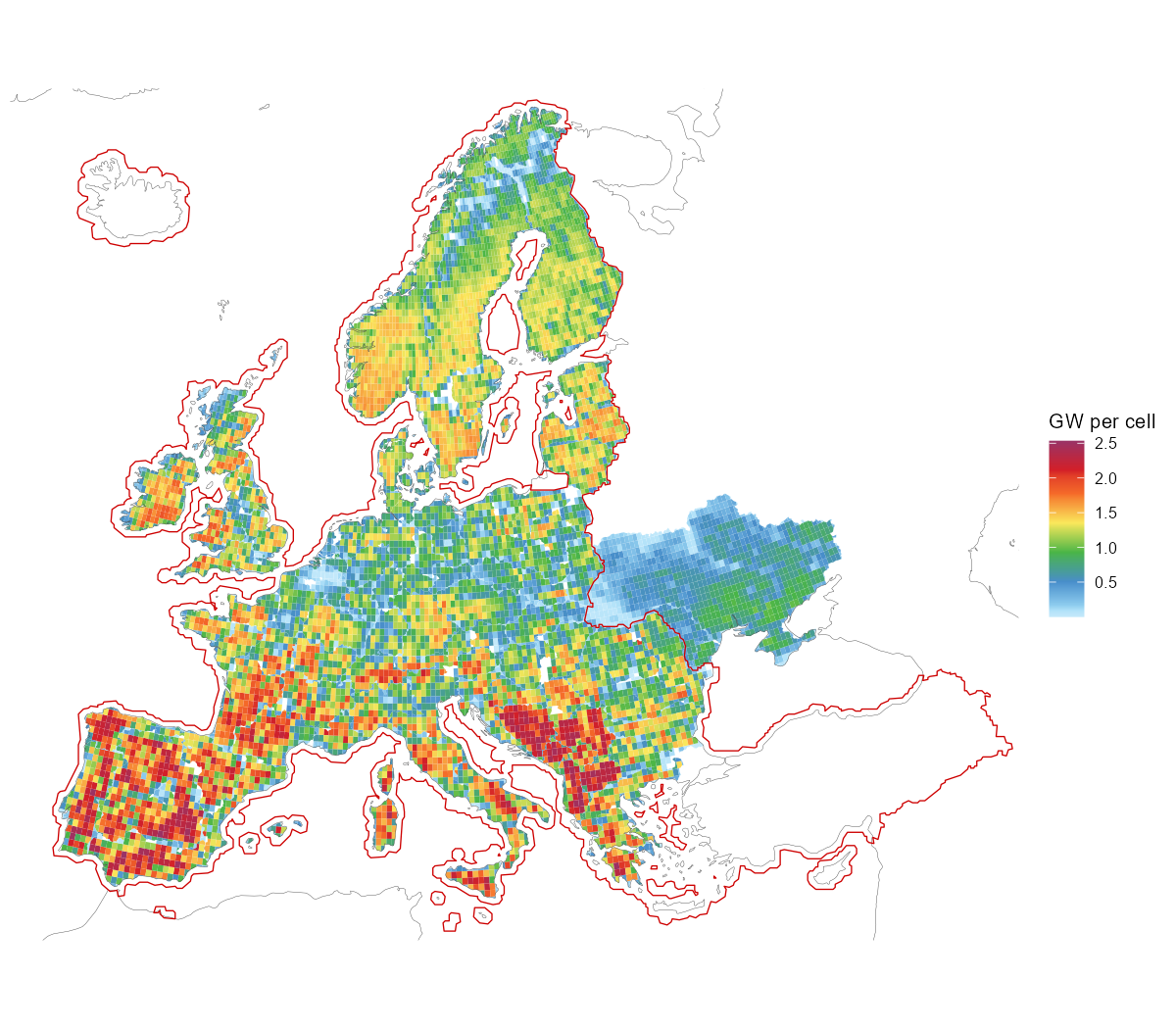 Installable onshore wind potential per cell: eligible area × 3 MW/km² (unfiltered; flat 0.5 derate outside the red CORINE coverage line).