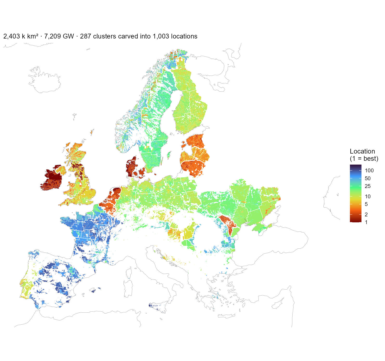 The wind layer as the model receives it: every installable piece coloured by its location number — the (cluster × tier) pair's rank within its country, best first — with white cluster boundaries on top. One location is one colour inside one outline. Ireland, Denmark and the Netherlands are nearly all top-ranked land; France and Iberia carry many lower-ranked locations. The scale is logarithmic because Italy alone holds 167.
