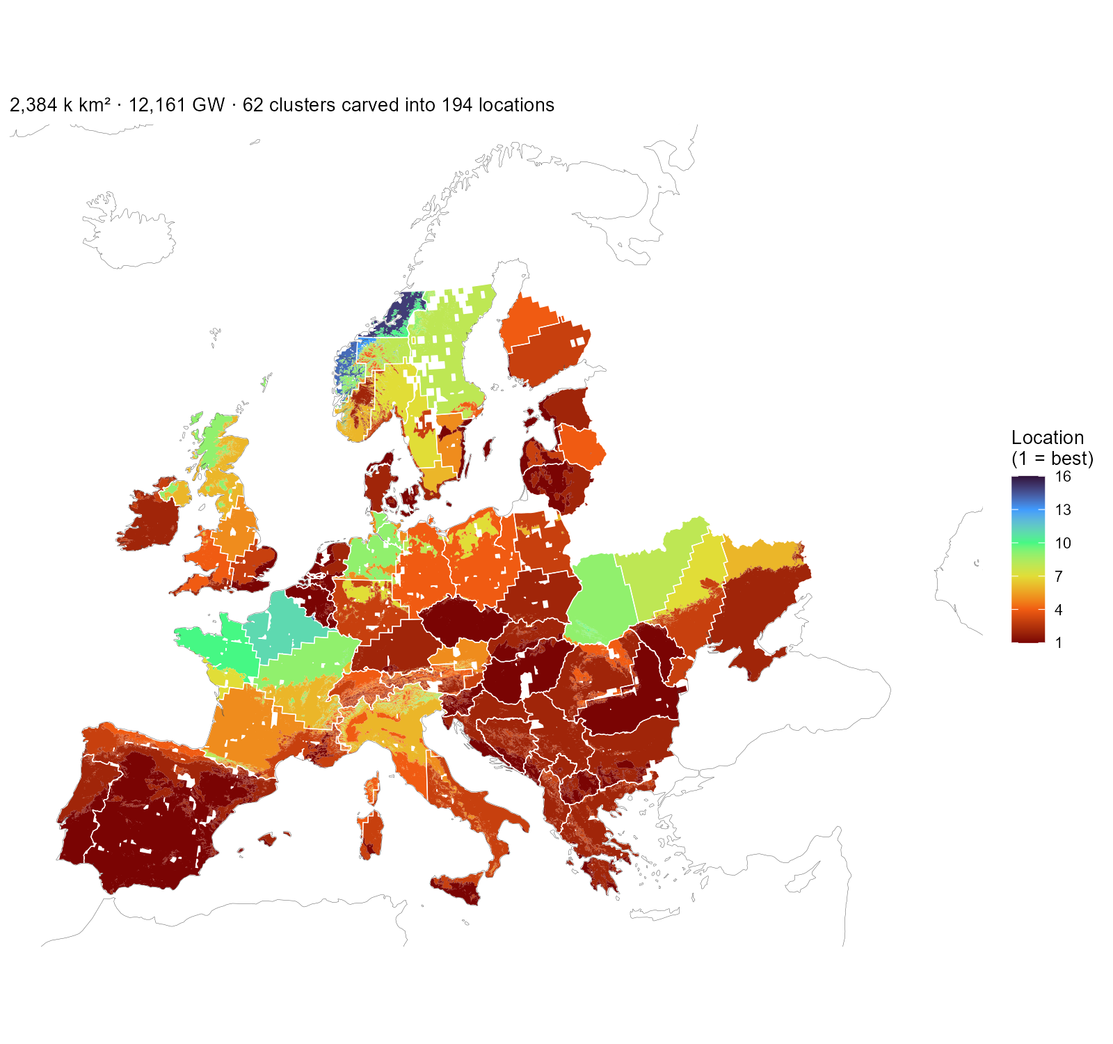 The solar layer as the model receives it: every installable piece coloured by its location number — the (cluster × level) pair's rank within its country, best first — with white cluster boundaries on top. One location is one colour inside one outline. Spain's single cluster carves into six locations, France's four into sixteen; the subtitle counts those that reach the nodes with capacity, matching the table below.