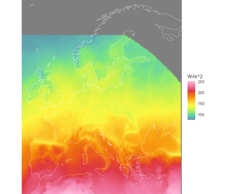 Mean solar influx (direct + diffuse) over 2025 — the SARAH-3 satellite record (CC-BY, EUMETSAT CM SAF) with ERA5 infill at high latitudes.