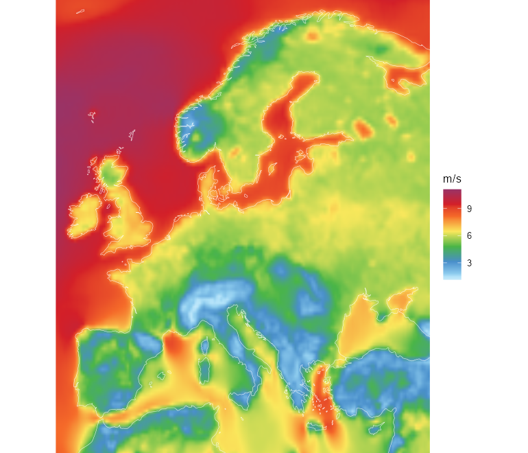 Mean 100 m wind speed over 2025, from the ERA5 fields of the cutout (CC-BY, Copernicus Climate Change Service).