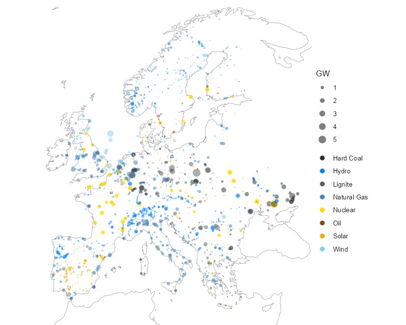 The existing fleet: units of 100 MW and above, sized by capacity, coloured by fuel — powerplantmatching (GEM, JRC, ENTSO-E, GPD and more, deduplicated).